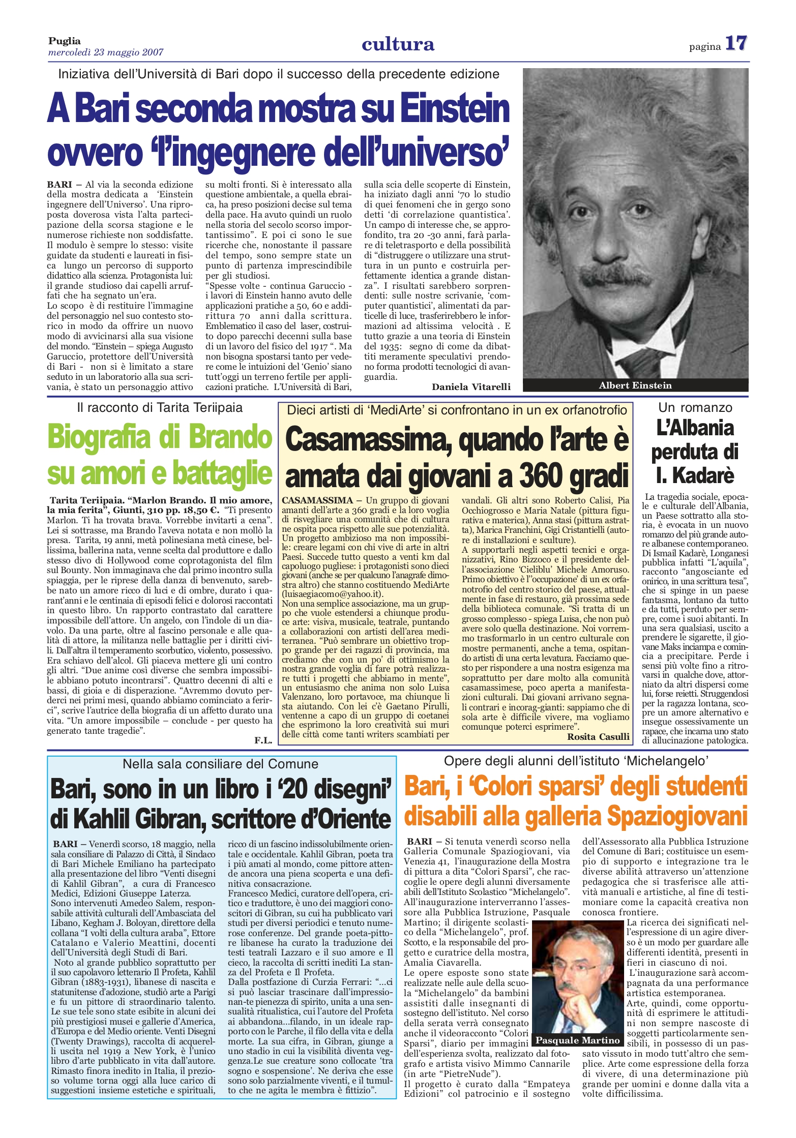 "Bari, sono in un libro i ‘20 disegni’ di Kahlil Gibran, scrittore d’Oriente", Puglia,  May 23, 2007, p. 17